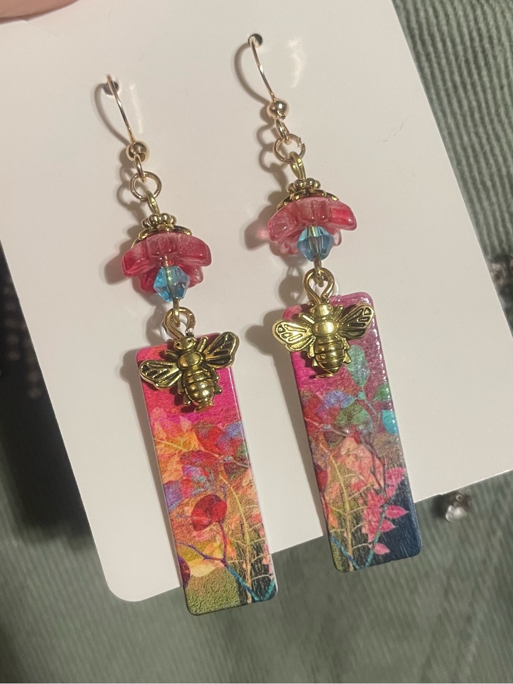 Hand Crafted Pink Floral Bee Drop Earrings with Gold Accents - Picture 5 of 6